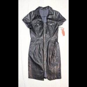 NWT Women's Haute Monde Size L Black Faux Leather Cap Sleeve Front Zipper Dress